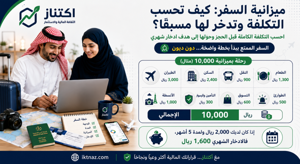 ميزانية السفر وحساب تكاليف الطيران والسكن والنقل والطعام والأنشطة مع خطة ادخار للرحلة