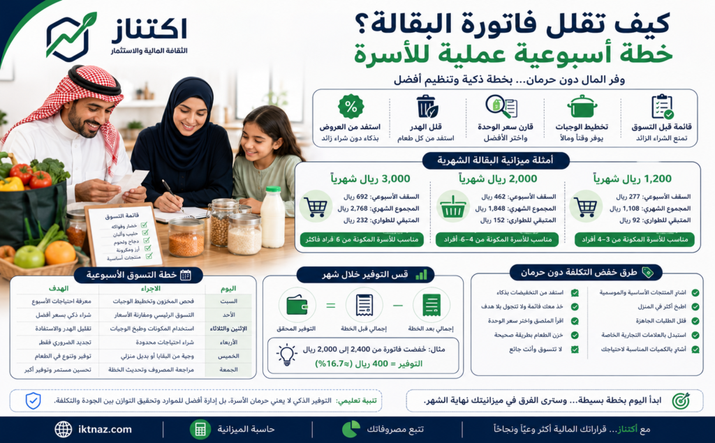 تقليل مصروف البقالة بخطة أسبوعية تشمل قائمة التسوق وتخطيط الوجبات ومقارنة سعر الوحدة وتقليل الهدر